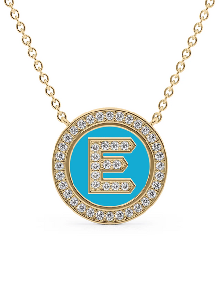 14K Yellow Gold Turquoise E Initial Diamond Disk Pendant