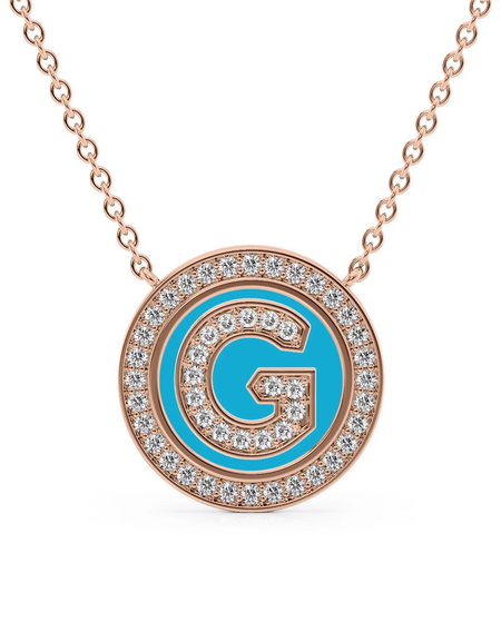 14K Rose Gold Turquoise G Initial Diamond Disk Pendant