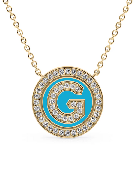 14K Yellow Gold Turquoise G Initial Diamond Disk Pendant