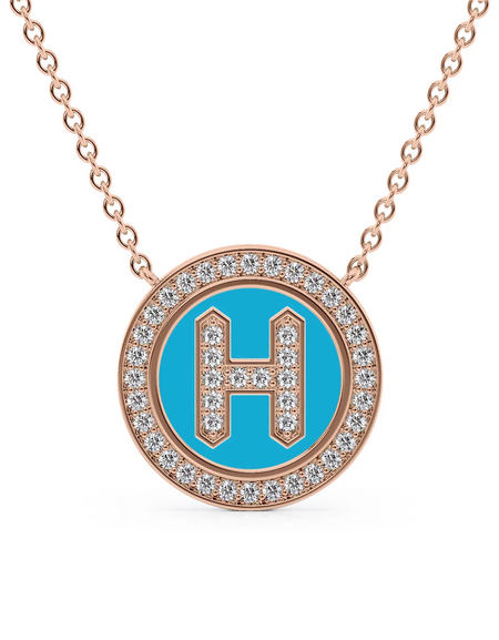 14K Rose Gold Turquoise H Initial Diamond Disk Pendant