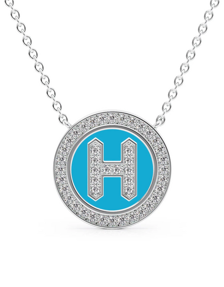 14K White Gold Turquoise H Initial Diamond Disk Pendant