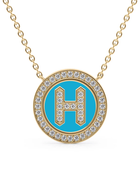 14K Yellow Gold Turquoise H Initial Diamond Disk Pendant