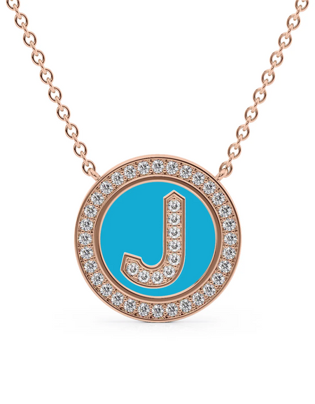 14K Rose Gold Turquoise J Initial Diamond Disk Pendant