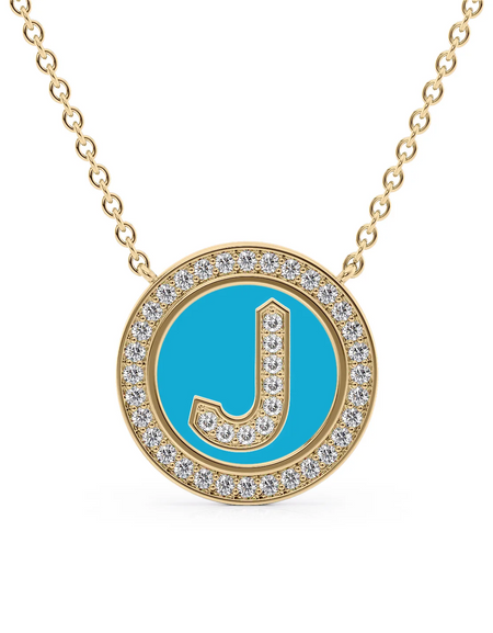 14K Yellow Gold Turquoise J Initial Diamond Disk Pendant