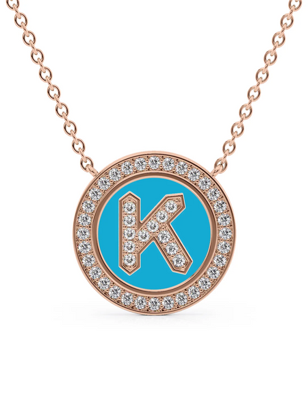 14K Rose Gold Turquoise K Initial Diamond Disk Pendant