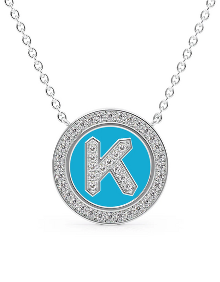 14K White Gold Turquoise K Initial Diamond Disk Pendant