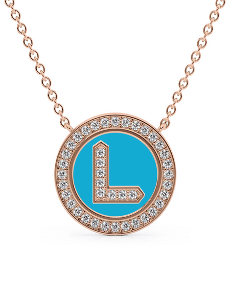 14K Rose Gold Turquoise L Initial Diamond Disk Pendant