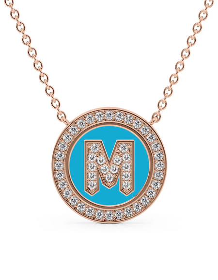 14K Rose Gold Turquoise M Initial Diamond Disk Pendant