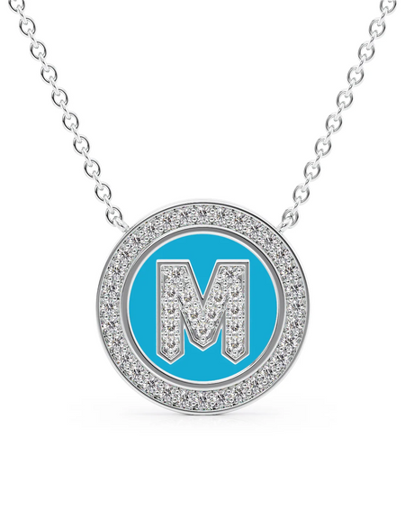 14K White Gold Turquoise M Initial Diamond Disk Pendant