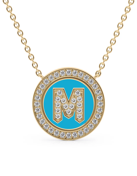 14K Yellow Gold Turquoise M Initial Diamond Disk Pendant