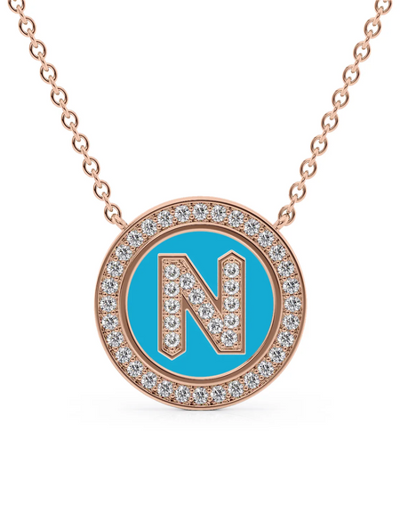 14K Rose Gold Turquoise N Initial Diamond Disk Pendant