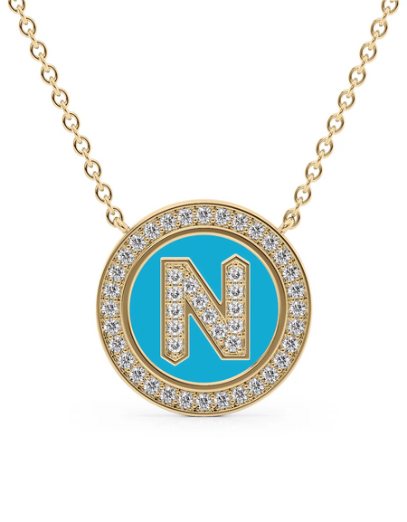 14K Yellow Gold Turquoise N Initial Diamond Disk Pendant