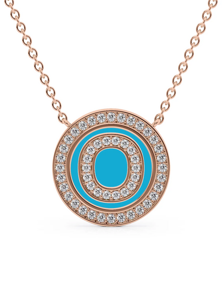 14K Rose Gold Turquoise O Initial Diamond Disk Pendant