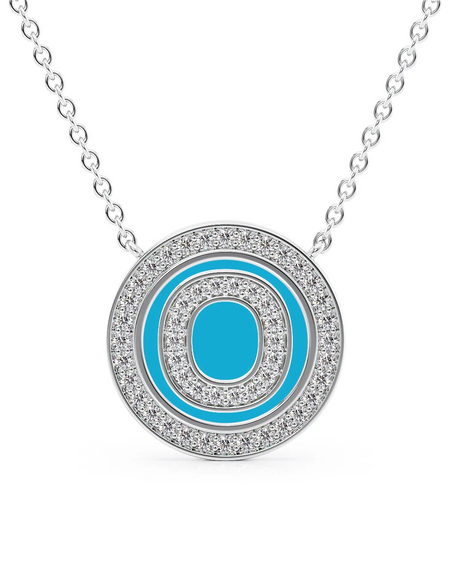 14K White Gold Turquoise O Initial Diamond Disk Pendant