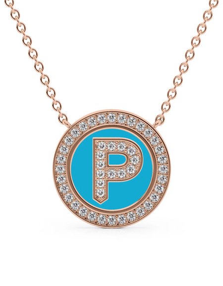 14K Rose Gold Turquoise P Initial Diamond Disk Pendant
