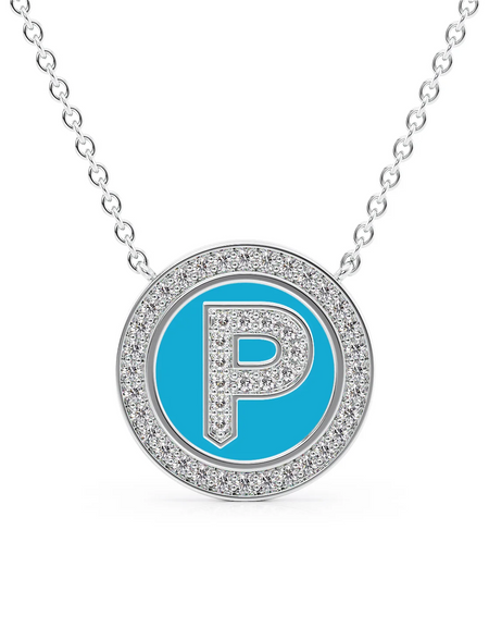 14K White Gold Turquoise P Initial Diamond Disk Pendant