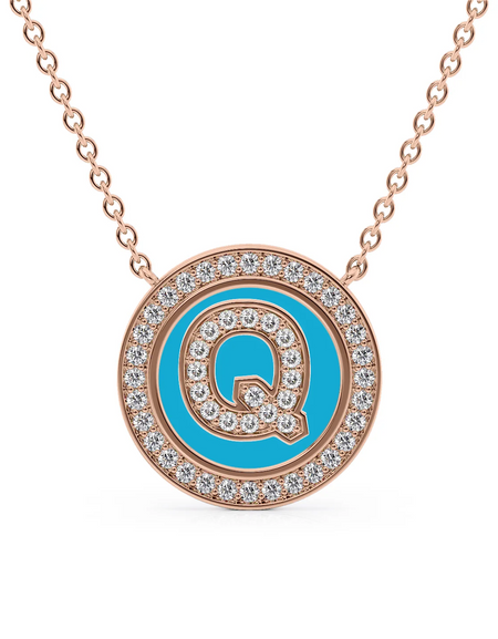 14K Rose Gold Turquoise Q Initial Diamond Disk Pendant