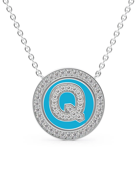 14K White Gold Turquoise Q Initial Diamond Disk Pendant