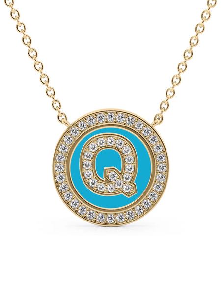14K Yellow Gold Turquoise Q Initial Diamond Disk Pendant