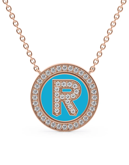 14K Rose Gold Turquoise R Initial Diamond Disk Pendant