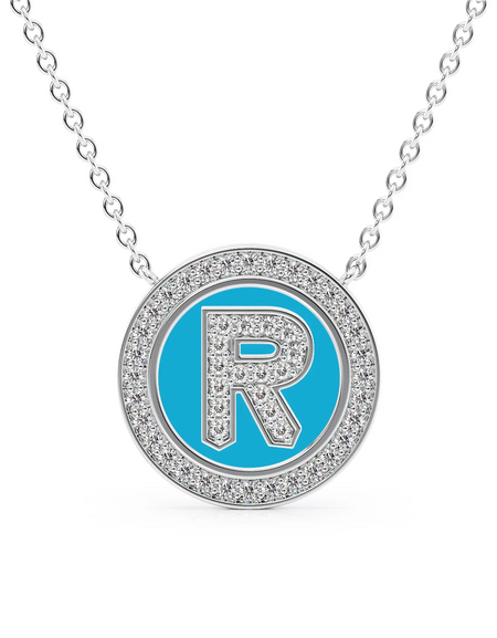 14K White Gold Turquoise R Initial Diamond Disk Pendant