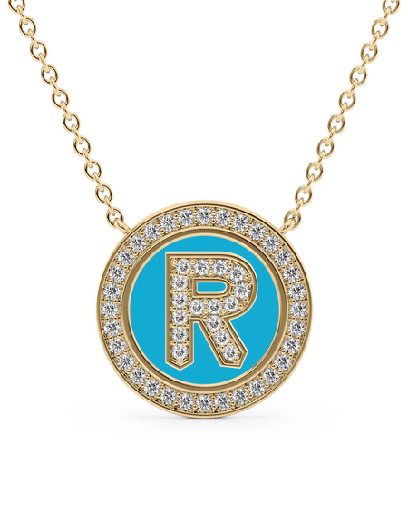 14K Yellow Gold Turquoise R Initial Diamond Disk Pendant