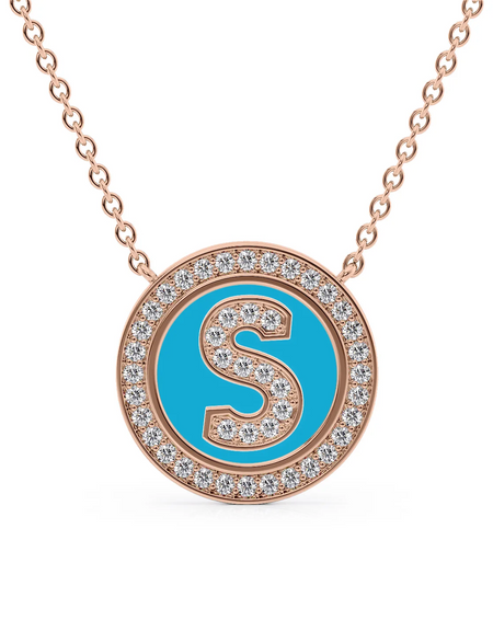 14K Rose Gold Turquoise S Initial Diamond Disk Pendant