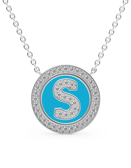 14K White Gold Turquoise S Initial Diamond Disk Pendant