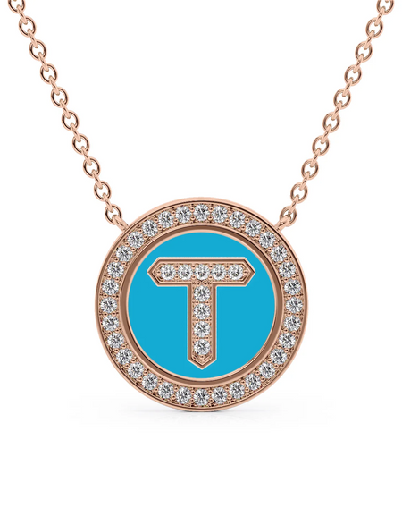 14K Rose Gold Turquoise T Initial Diamond Disk Pendant