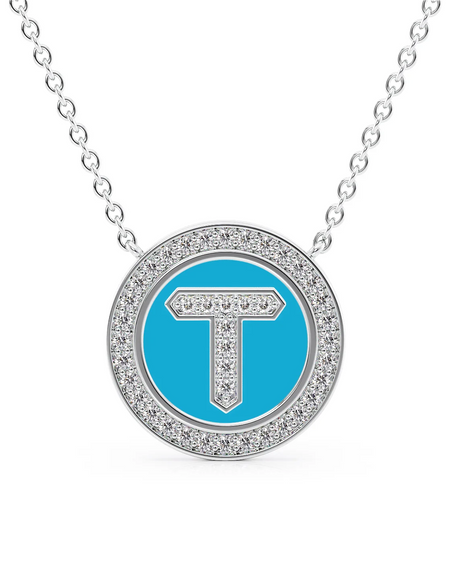 14K White Gold Turquoise T Initial Diamond Disk Pendant