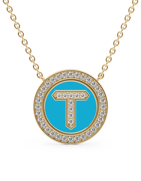14K Yellow Gold Turquoise T Initial Diamond Disk Pendant