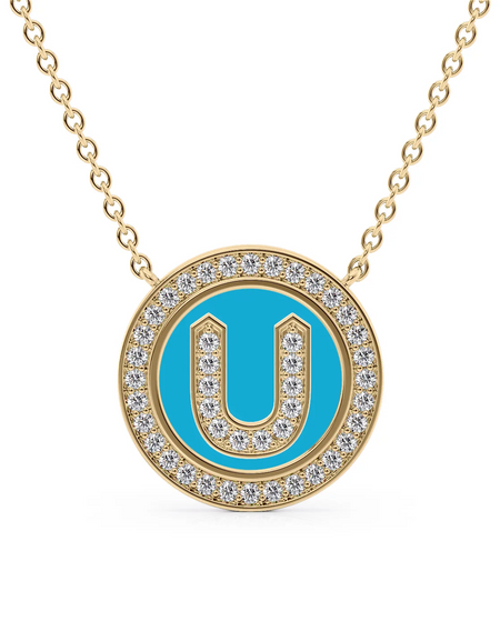 14K Yellow Gold Turquoise U Initial Diamond Disk Pendant