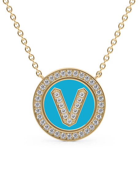 14K Yellow Gold Turquoise V Initial Diamond Disk Pendant