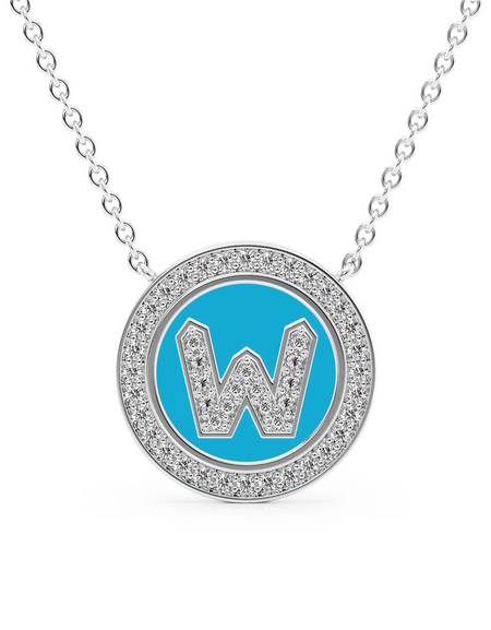14K White Gold Turquoise W Initial Diamond Disk Pendant