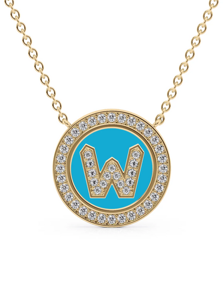 14K Yellow Gold Turquoise W Initial Diamond Disk Pendant