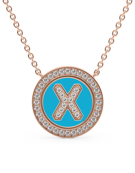 14K Rose Gold Turquoise X Initial Diamond Disk Pendant