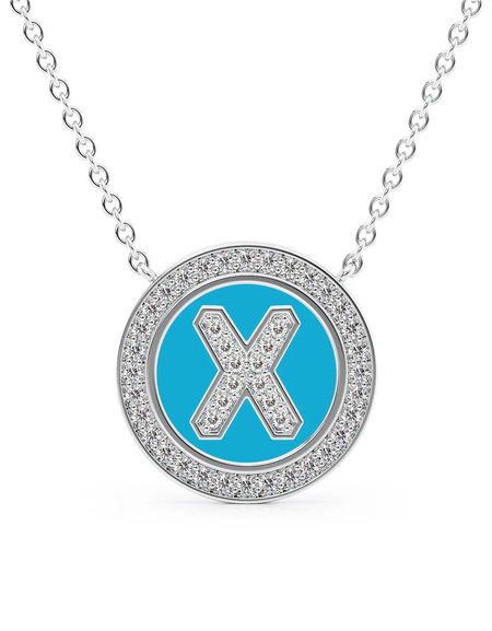 14K White Gold Turquoise X Initial Diamond Disk Pendant