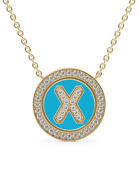 14K Yellow Gold Turquoise X Initial Diamond Disk Pendant