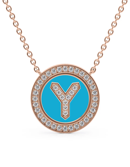 14K Rose Gold Turquoise Y Initial Diamond Disk Pendant