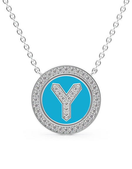 14K White Gold Turquoise Y Initial Diamond Disk Pendant