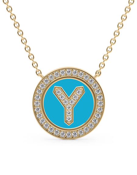 14K Yellow Gold Turquoise Y Initial Diamond Disk Pendant