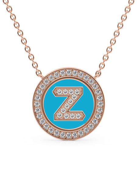 14K Rose Gold Turquoise Z Initial Diamond Disk Pendant