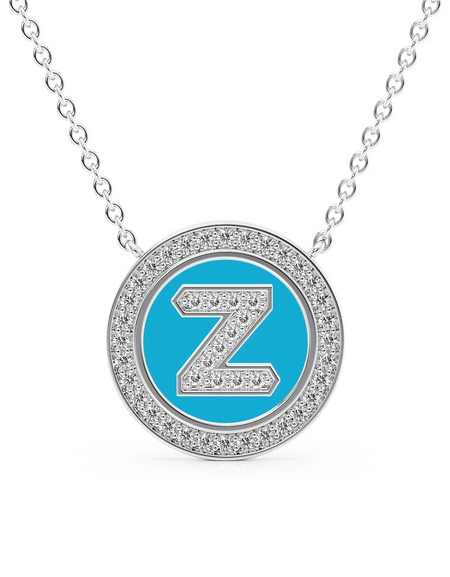 14K White Gold Turquoise Z Initial Diamond Disk Pendant