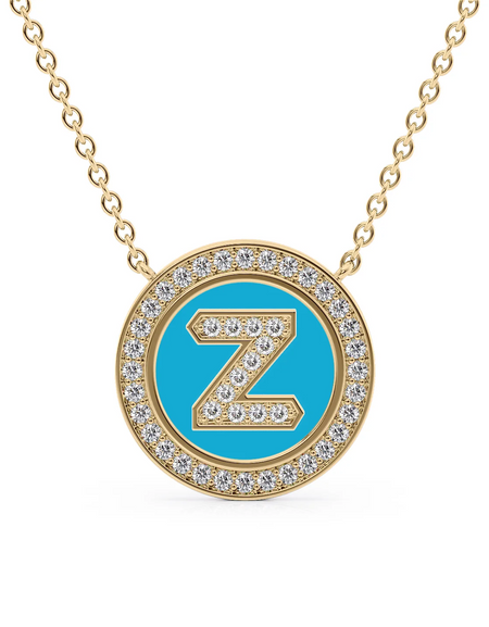 14K Yellow Gold Turquoise Z Initial Diamond Disk Pendant