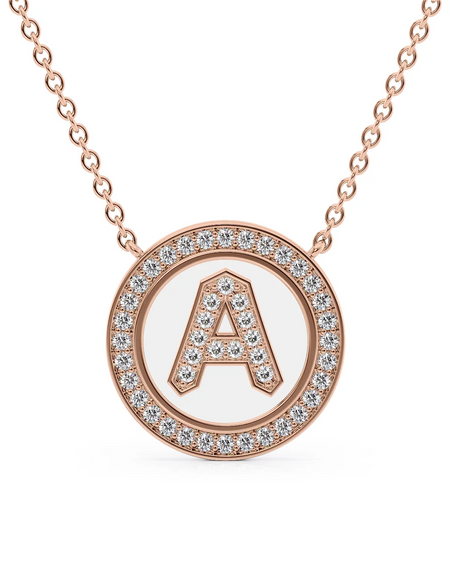 14K Rose Gold White A Initial Diamond Disk Pendant