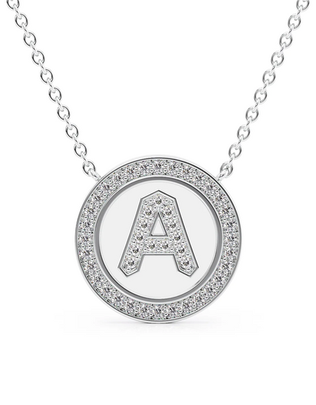 14K White Gold White A Initial Diamond Disk Pendant