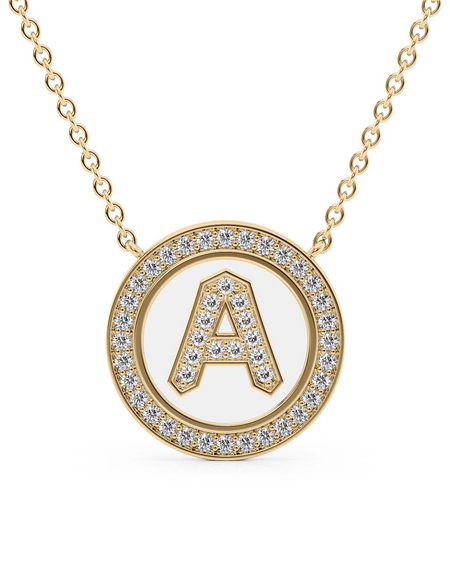 14K Yellow Gold White A Initial Diamond Disk Pendant