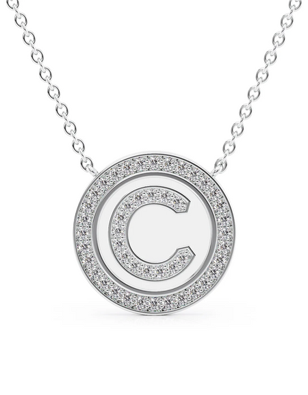14K White Gold White C Initial Diamond Disk Pendant