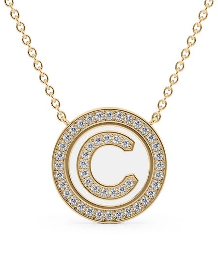 14K Yellow Gold White C Initial Diamond Disk Pendant