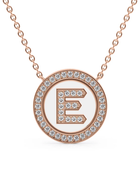 14K Rose Gold White E Initial Diamond Disk Pendant